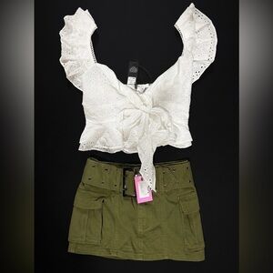 Eyelet Ruffle Crop Top & Edikted Belted Cargo Skirt Set - XS NWT